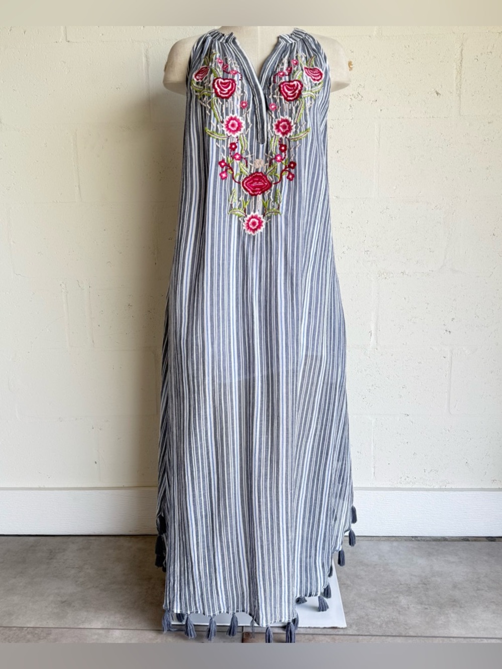 Kyla Seo Striped Blue Maxi Dress medium with Pink Floral Embroidery sleeveless